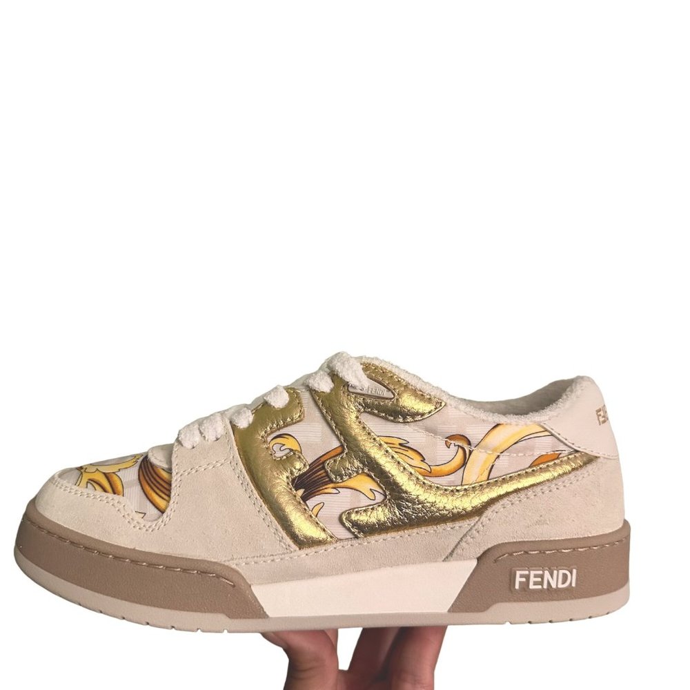 Fendace Fendi Versace Match Suede Sneakers Chunky Skate White Gold Size 37 Women